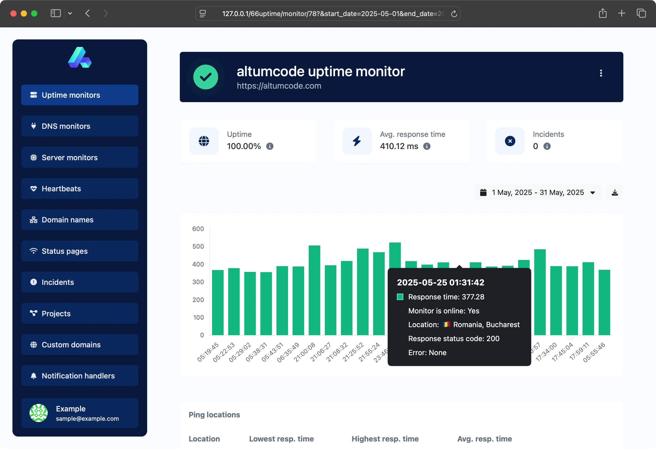 Uygulama uptime monitör sayfası ekran görüntüsü